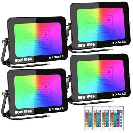 PICAA 4x 50W Projecteur LED RGB Exterieur avec Télécommande, 16 Couleurs 4 Modes RGBW Lumière de Projecteur, Spot Led pour Fête, Jardins, Patios