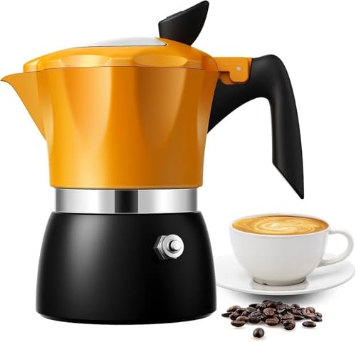 Coffee Pot, Stovetop Coffee Maker Italian Moka Pot with Transparent Top Lid, 150ml-3 Cups, Classic Aluminium Coffee Percolator, Orange/Black