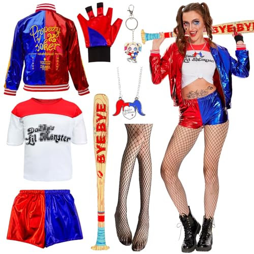 Quinn Kostüm Damen Erwachsene Mädchen Suicide Kostüme Bösewicht Kostüm Kit Verkleidung Kostüm mit Jacke T-Shirt Shorts Handschuh Netzstrümpfe Halskette für Halloween Karneval Cosplay Joker Kostüm