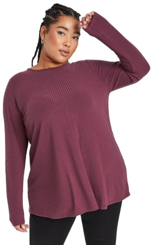 Yours Curve Long Sleeve Ribbed Swing Top - Women's - Plus Size Curve Purple