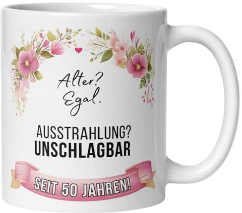 50 Geburtstag Frauen Geschenk Tasse | Alter? Egal. Ausstrahlung? Unschlagbar seit 50 Jahren! | Lustige Geschenk Geburtstagstasse Spruch 50. Geburtstag | 50ter Geburtstag - Geburtstagsgeschenk Frau
