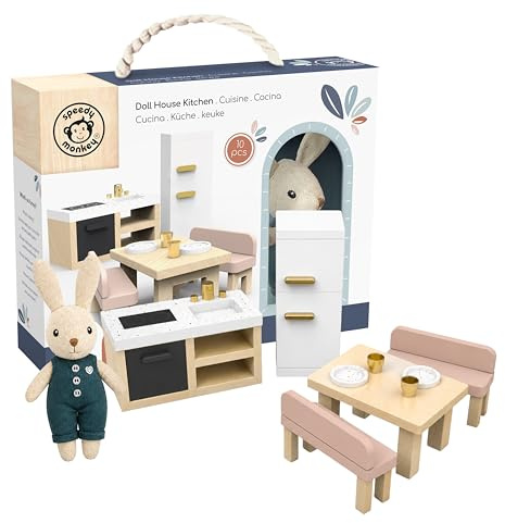 Speedy Monkey Puppenhaus Küche Holzspielzeug mit Figur | Esstisch, Stühle & Kühlschrank, weicher Leinenhase, FSC-Holzmöbel, Puppenhauszubehör, Kleinkind-Mädchen-Spielzeug