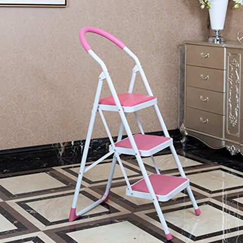 3 Step Folding Stool Ladder with Non Slip Design Versatile Indoor/Outdoor Use Compact and Portable Pink Step Ladder for Home Kitchen Office and More