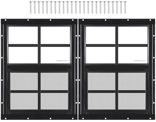2 Stück Schuppenfenster, 30,5 x 40,6 cm (B x H), schwarz, bündig montiertes Fenster mit gehärtetem Glas und abnehmbarem Sichtschutz für Spielhäuser, Schuppen, Garage und Hühnerställe