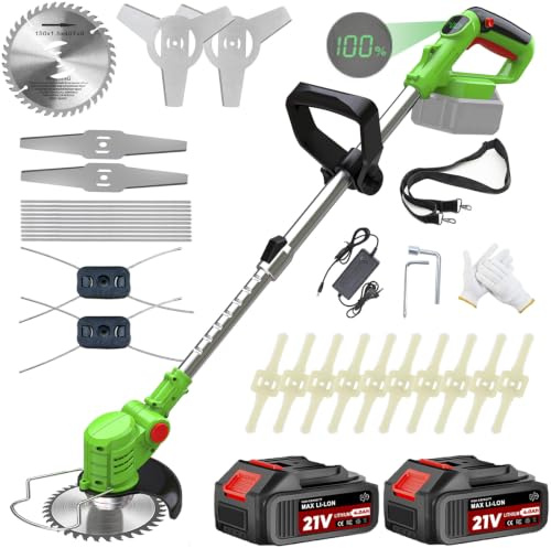 YEXLXLN Rasentrimmer mit Akku, 21V Akku Rasentrimmer mit Akku und Ladegerät | Akku Freischneider für Makita-Akkus mit 4 Klingentypen und 2 x 2,0 Ah Batterien, für Garden Trimmen