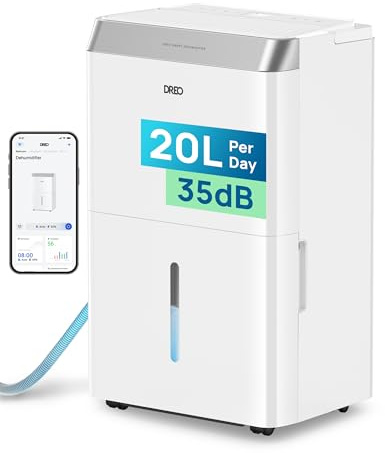 DREO 20L/Day Smart Dehumidifier, Low Energy & 35dB Quiet, Whole House Dehumidifier with Humidity Sensor & Display, 3 Speeds, Auto Humidity Control, Laundry Dry for Damp Large Rooms, 24H Timer