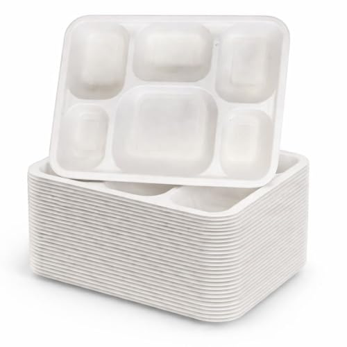1ABOVE 6-Compartment Bagasse Food Trays – 25 Pack | Disposable Sugarcane Fibre Dinner Plates | Biodegradable & Compostable, Eco-Friendly