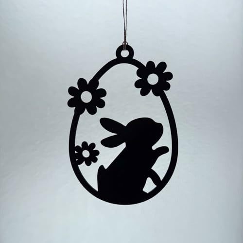 Osterdeko Holz - Osteraufhänger aus Holz, Schwarz Lackiert, Osterhase mit Blumen Design, Frühlingsdeko, Tischdeko Ostern, Tür und Fenster Dekoration, Rund, Osterdeko modern
