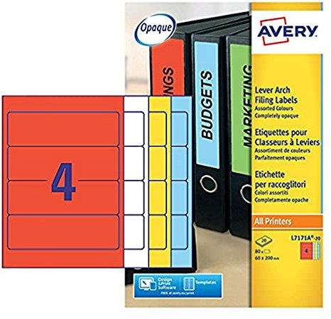 Avery L7171A-20 Ordneretiketten für Laserdrucker (4 pro Blatt, 200 x 60 mm) 80 Etiketten verschiedene Farben