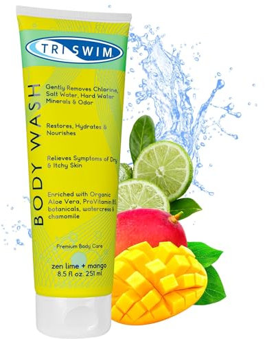 TRISWIM - Gel Douche Anti Chlore, Gel Douche Femme et les Hommes, Body Wash Pour Nageurs, Gels Douche Prévient les Démangeaisons de la Pea, Savons et Gels Douche - Citron Vert & Mangue (251ml)