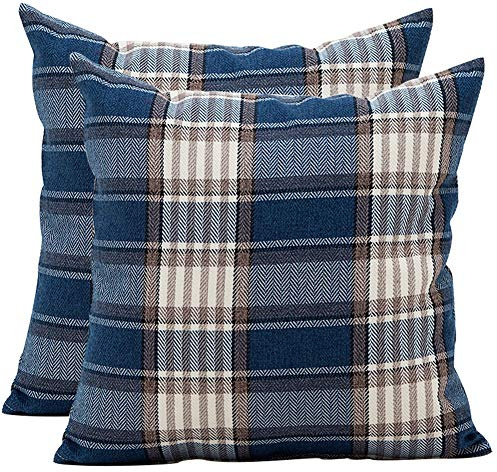 JOTOM Plaids Tartan Linen Pillow Cover,Cushion Covers for Home Sofa Car Decorative 45 x 45cm,Set of 2 (Lattice,Blue Brown)