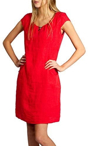 Caspar SKL020 knielanges Damen Sommer Leinenkleid mit eleganter Metallspange bis Größe 50, Farbe:rot, Größe:XXL - DE44 UK16 IT48 ES46 US14