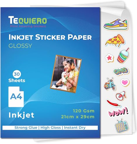 TeQuiero 30 Glossy Inkjet Sticker Photo Paper a4 size Self Adhesive Photo Sheets 120 GSM - 30 Sheets