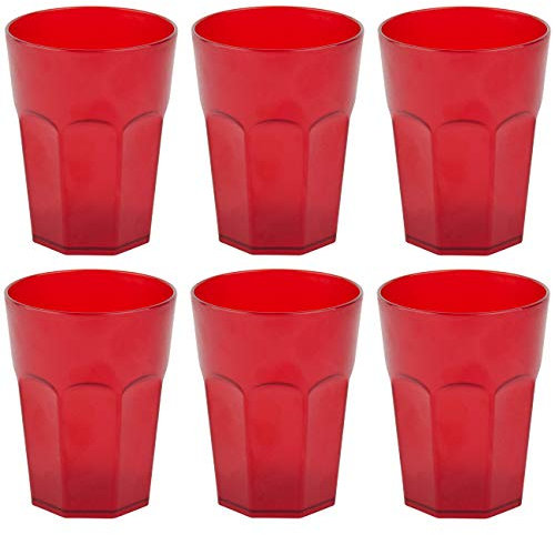 Engelland - 6 x Plastikbecher, Trinkbecher, Rot, Cocktailbecher, 400 ml, mit Eichstrich, stapelbar, Mehrweg, Kunststoff, Frostoptik, wiederverwendbar, Party-Becher, Trink-Glas