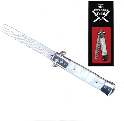 Stainless Steel Switchblade Foldable Comb (White) - Push Button - Mr Sweeney Todd Flick Comb/Display Box