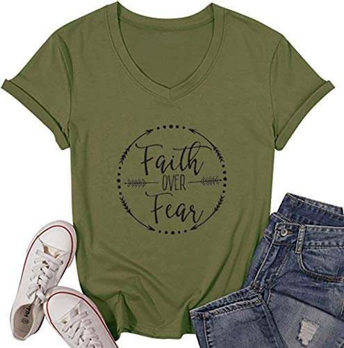 Faith Over Fear Arrow Letters Print T-Shirt Frauen Kurzarm V Nece Christian Tops Tee Bluse, Grün (Army Green), Mittel