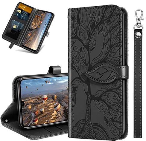 MRSTER Handyhülle für Samsung Galaxy Note 20 Ultra, Flip Case mit Ständer, Leder, Schwarz mit Blätter-Muster