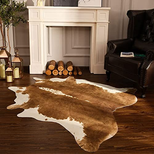 BENRON Tapis en cuir de vache synthétique de qualité supérieure, imprimé vache, tapis occidental rustique pour salon, chambre à coucher, peaux d'animaux irrégulières, 1,4 x 1,6 m, tapis antidérapants