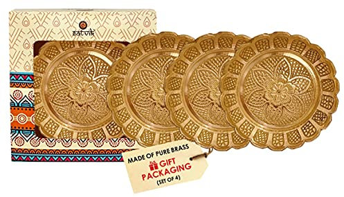 Craftsman Satvik Handmade 4Pc 8 cm Nakashi Bhog Thali Set for Puja / Pooja. Engraved Nakshi Brass Indian Bhog Plate Decorative Puja Accessories for Home and Temple, Gold