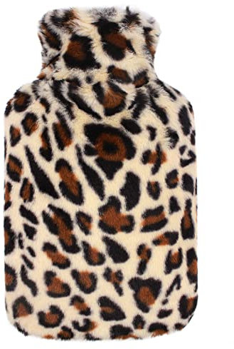 OWOZOI Fluffy Hot Water Bottle, Soft Furry Cover with Hand Pocket, 2L Large Capacity, Hot Water Bag for Pain Relief, Cold Nights, Back, Neck, Gifts for Women, Bed Warmer, Leopard Print