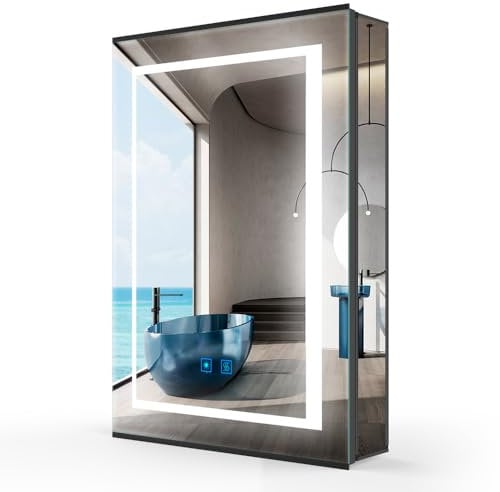 LUMIRRORS® Bathroom Mirror Cabinets with Lights and Shaver Socket BLACK illunimated LED Bathroom Cabinet with Mirrors Wall mounted Built-in LED Lighting Anti-fog Touch Switch Glass Shelves 50x70cm