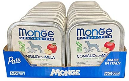 Monge Monoprotein Hundefutter Nassfutter für Hunde Kaninchen mit Apfel, natürlich ohne Farbstoffe, Konservierungsstoffe und Zuckerzusatz 24er Pack (1 = 150g)
