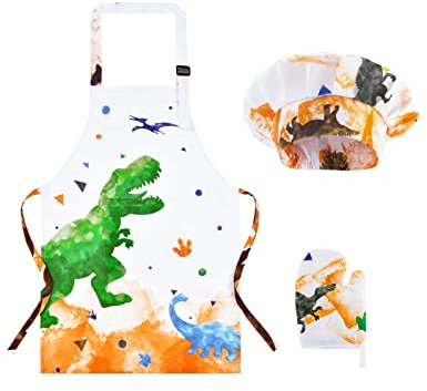 WERNNSAI Delantal Infantil Dinosaurio Impermeable con Gorro Chef y Guantes para Niñas y Niños 2-5 Años - Delantal Ajustable con Bolsillo para Cocinar, Pintar y Hornear - Talla XS