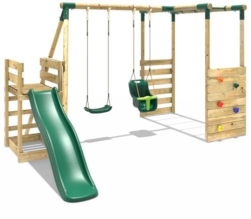 Rebo Wooden Swing Set with Monkey Bars plus Deck & 6ft Slide - Luna Green