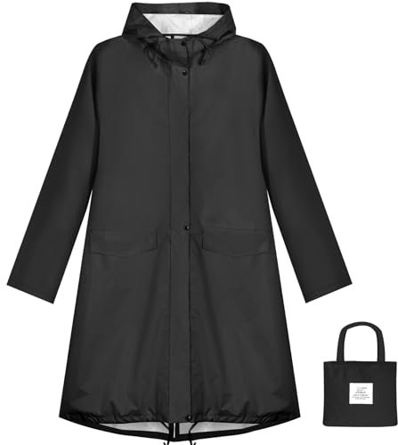 ANYOO Veste de Pluie Imperméable pour Femmes avec Capuche, Manteau de Pluie Léger et Long, Coupe-vent et Trench,Noir,Taille unique