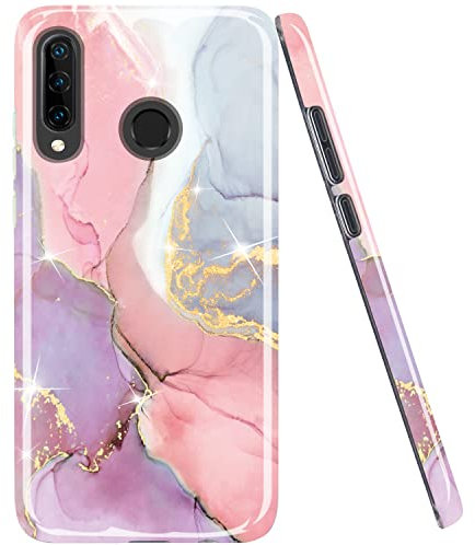 JAHOLAN Kompatibel mit Huawei P30 lite Hülle Handyhülle TPU Silikon Schutzhülle Handytasche Flexibel Handy Hülle Marmor Gold Glitter Pink Purple