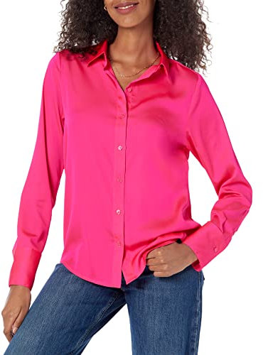 Amazon Essentials Blouse Boutonnée en Satin, Coupe Classique (Disponible en Grande Taille) Femme, Rose Fluo, XL