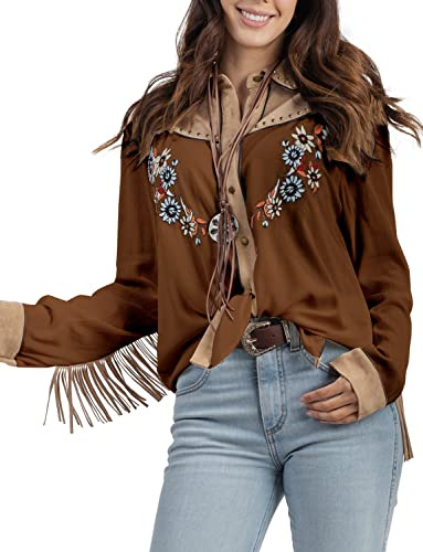 JOHN MOON Damen-Westernbluse mit Stickerei, langärmelig, mit Knopfleiste, Hemdkragen, retro, lässige Bluse