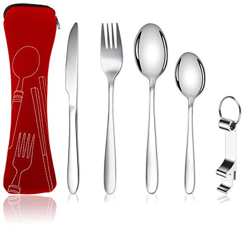 XOPOZON® Lot de 5 Couverts de Camping, Ensemble de Couverts Transportables, Couverts en Acier Inoxydable avec Sac en Néoprène Idéal pour les Voyages le Bureau et le Camping (Rouge)