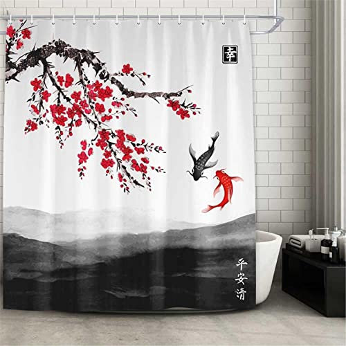 SEYUMI Rideau de Douche Style Japonais 3D Fleurs de Cerisier Anti Moisissure Tissu Polyester pour Salle de Bain, Baignoire 80 x 180 cm avec 8 Crochets