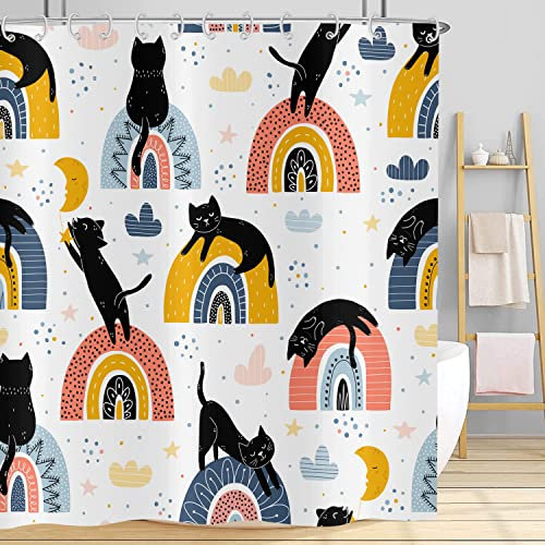 Hnmdmyi Tenda da doccia divertente gatto 180x200, metà secolo fantasia arcobaleni e gatti neri tenda da bagno moderno neutro astratto impermeabile poliestere tessuto lavabile tenda da bagno con ganci