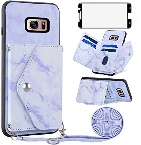Asuwish Handyhülle für Samsung Galaxy S7 Edge Hülle mit Band und Glas Folie Schutzfolie Kartenfach Klappbar Kette Leder Geldbörse Ständer S7Edge 7S S 7 Edge SM-G935F Hüllen Schutzhülle Phone Case Blau