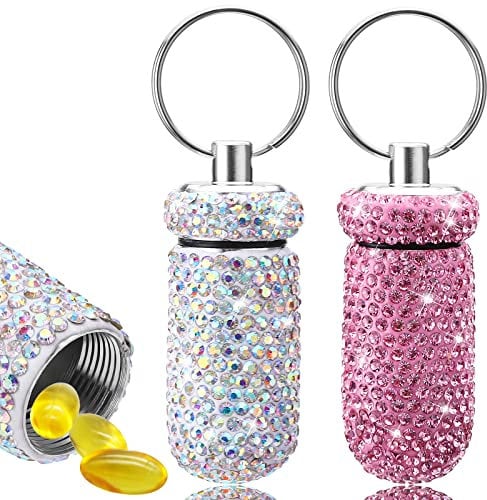 cobee Bling Pillenbehälter, 2 Stück, wasserdichtes Pillenetui tragbare Pillenflasche Kristall Mini Pillenhalter Tasche Pillen Aufbewahrungsbox mit Schlüsselanhänger für Reisen Outdoor Camping