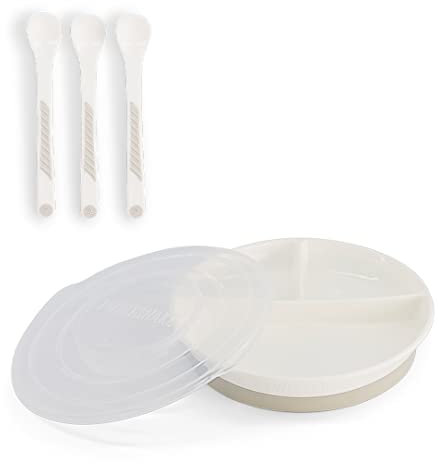 Twistshake Set De Vaisselle Bébé | Assiette Divisée + Couverts à 3 cuillères | Sans BPA | Kit De Formation Alimentaire Pour Enfants | Blanc