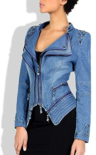 Womens Denim Jackets, Women'S Denim Jacket Fashion Slim Long Sleeve Zipper Lapel Jean Biker Coat Vintage Distressed Splicing Short Shrug Denim Coat Punk Stud Embellished Outwear Streetwear,Blue,M