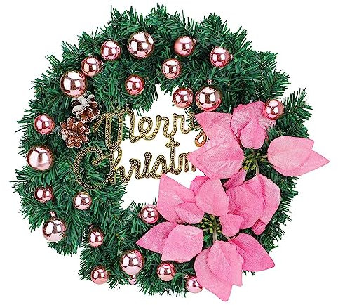 Weihnachtskranz für die Haustür mit Weihnachtsstern, Tannenzapfen, Vorbeleuchteter Künstlicher Weihnachtskranz Zum Aufhängen, Weihnachtskranz für die Haustür mit LED-Lichtern, Hängende(Rosa)