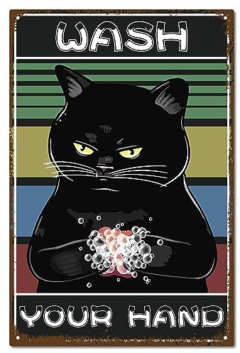 CREATCABIN Metallschild Schwarzer Katze,Bitte Waschen Sie Ihre Hände,Vintage-Blechposter,Badezimmer-Wanddekoration,Retro-Gemälde,Plakette,Kunstwand Aufhängen Für Arzt,Katzenliebhaber,Toilette,Zuhause