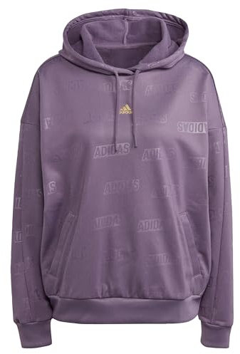 adidas Women Embossed Monogram Fleece Hoodie Recycled Polyester Purple M