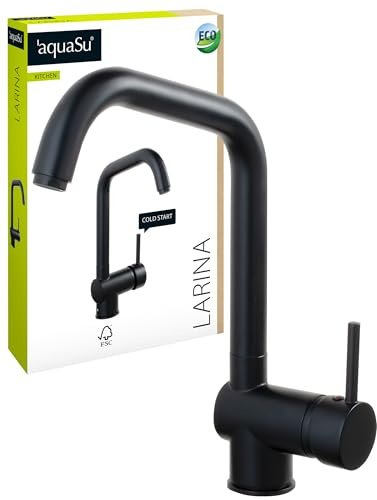 aquaSu® Vorfensterarmatur Larina mit Wasserspar-Kartusche, herausnehmbar, hoher Auslauf, Kaltwassermittelstellung, Keramikkartusche, Befestigung von oben, Messingkern, schwarz, 799010