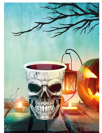 FIESTAS GUIRCA | 6 Verres Jetables Tête de Mort (240 ml) (9 cm) - Décoration de Table pour Fêtes d'Halloween Terrifiantes - Idéal pour Célébrations Effrayantes - Gris