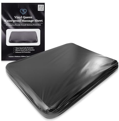 Schwarze, wasserdichte, taillierte Massagelaken aus Vinyl mit Seitentasche | Matratzenschoner, Bettbezug für Nuru-Massage – Öl, wasserbasiert, silikonsicher | 152 x 203 cm + 40 cm Tiefe Tasche