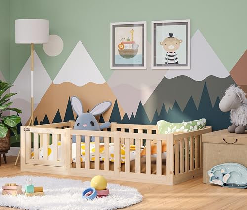 Bellabino Tapi Bett 80x160 cm, Kinderbett mit Rausfallschutz, inklusive Lattenrost, Montessori Bodenbett für Jungen und Mädchen aus Kiefer Massivholz, Natur lackiert, Bed