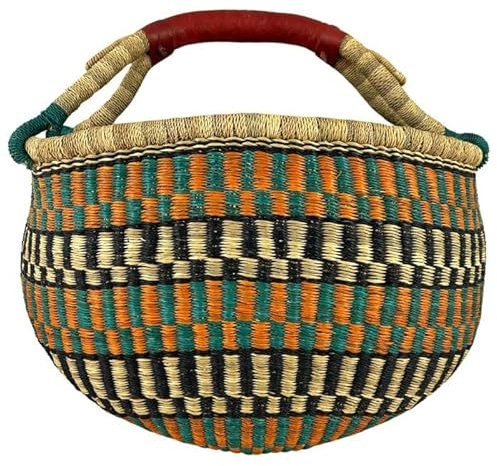Bolga Korb Afrika - XXL - Das Original aus Ghana - Bunt - Fair Trade - Rund - Viele Farben - Afrikanischer Graskorb mit Ledergriff - Flechtkorb 30-40 cm - Rundkorb mit Wunschdesign (Takoradi)