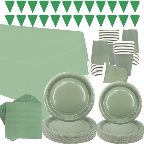 Sage Green Party Tableware - Serves 40, Pastel Dinnerware Set Includes Plates, Cups, Napkins, Banner, Tablecloth for Graduation, Wedding, Birthday Parties