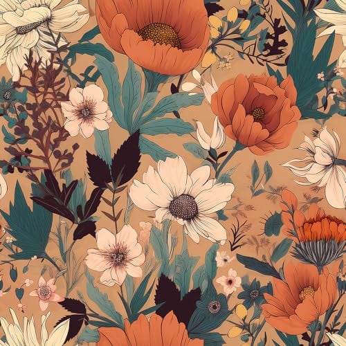 REDAMANCY Vintage Boho Abstract Orange Poppies Floral Peel and Stick Wallpaper Vintage Wall Paper Stick on Contact Paper Easy Peel Off for nightstand Drawer Renter Friendly 17.7x236