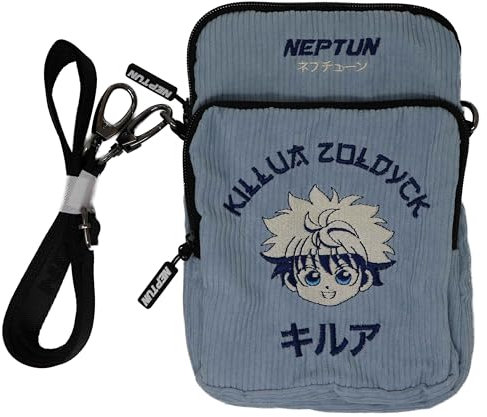 NEPTUN | Anime Cross Bag | Umhängetasche bestickt | Crossbody Bag Cord Optik | mit separatem Handy- und Schlüsselfach | Verstellbar (Killua - Hunter x Hunter)